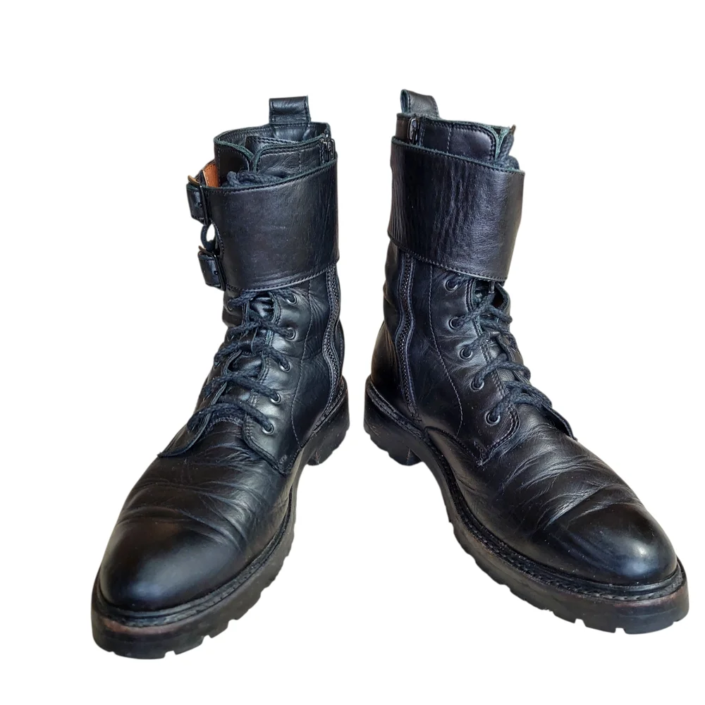 Frye Julie Biker Engineer Black Leather Lace-up Lug Sole Boots - Picture 6 of 15